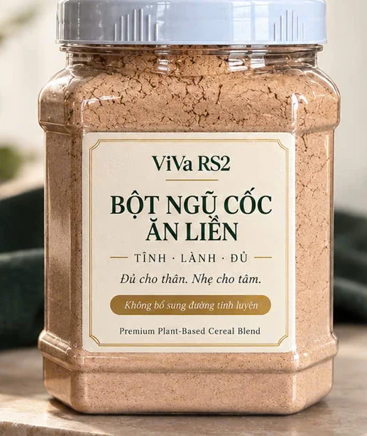 Hũ bột ngũ cốc ViVa RS2 với nhãn kem và vàng
