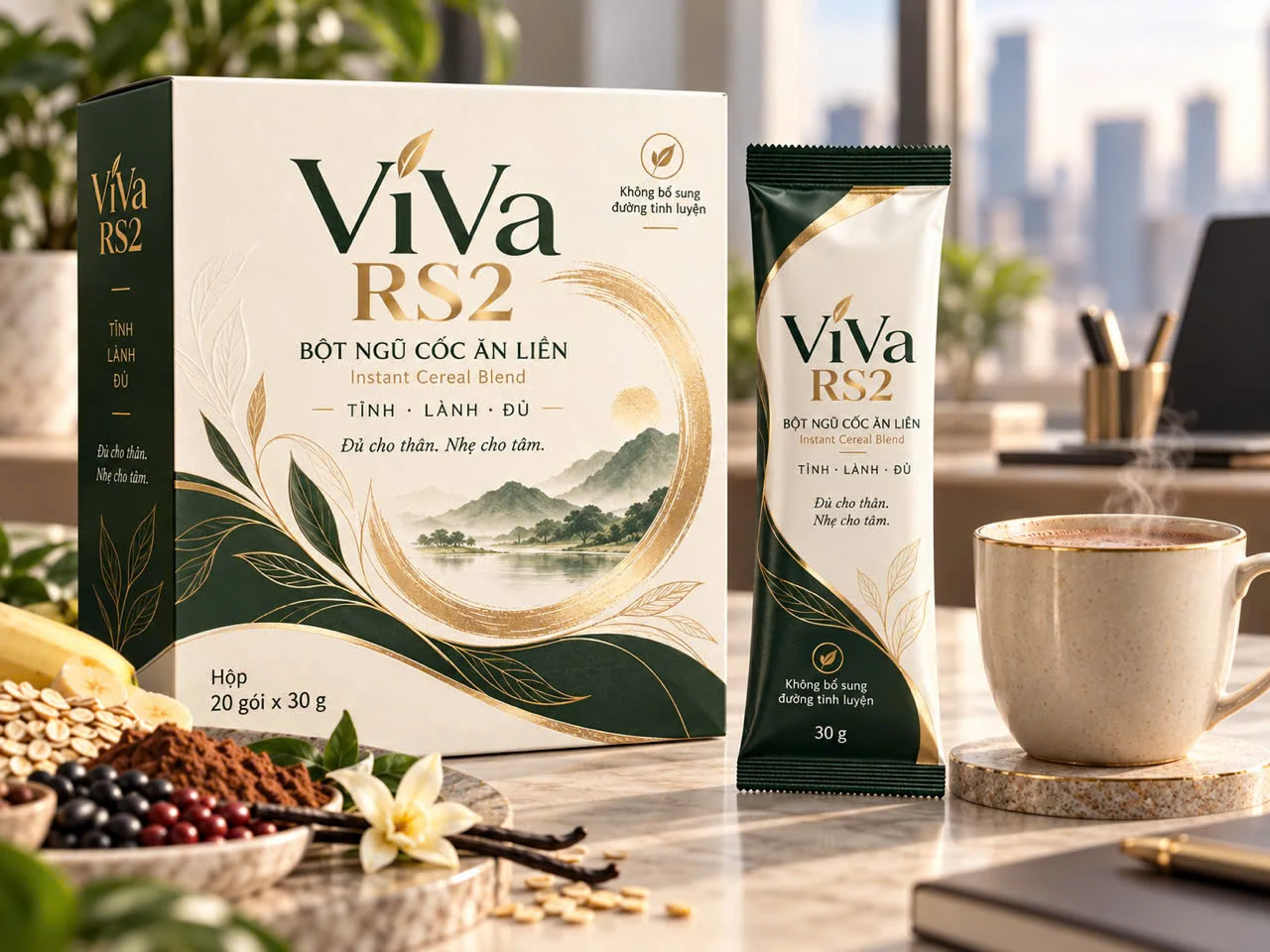 ViVa RS2 trên bàn với cốc ngũ cốc nóng trong không gian ấm áp